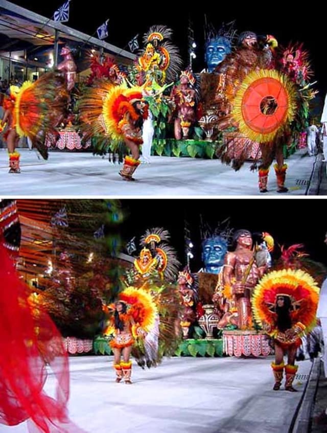 Ein Collage-Bild mit Menschen, die performen, einer Statue und einem Gebäude.