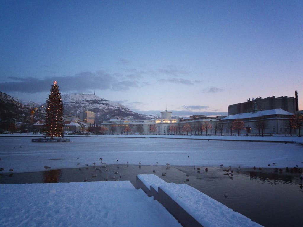 Eine Winterlandschaft mit Gebäuden, Bäumen und Häusern auf beiden Seiten, einem Weihnachtsbaum mit Lichtern auf der linken Seite, Bergen und Schnee im Hintergrund, einem bewölkten Himmel darüber und ein paar Vögeln auf dem Wasser darunter.