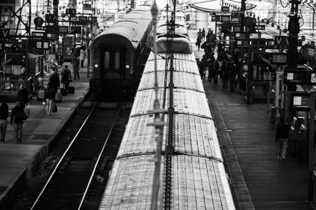 Volles Bahnsteig mit mehreren Zügen auf den Gleisen und vielen Menschen auf dem Bahnsteig.