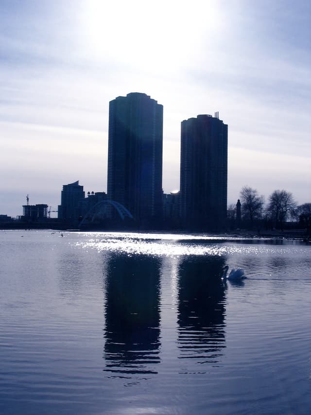 Ein Gebäude mit einem Grill auf dem Dach, ein Schwan im Wasser und Bäume unter einem bewölkten Himmel.