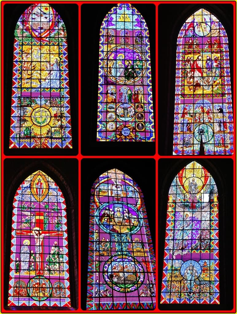 Eine Collage aus verschiedenen Glasfensterbildern, jedes mit einzigartigen Mustern und Farben.