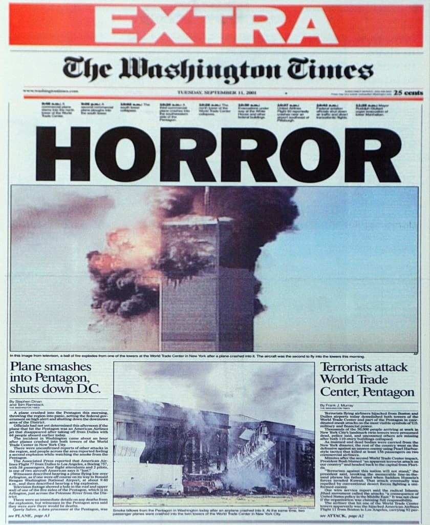 Ein Nachrichtenartikel mit Bildern von Gebäuden, Feuer, Rauch und dem Himmel sowie begleitendem Text.