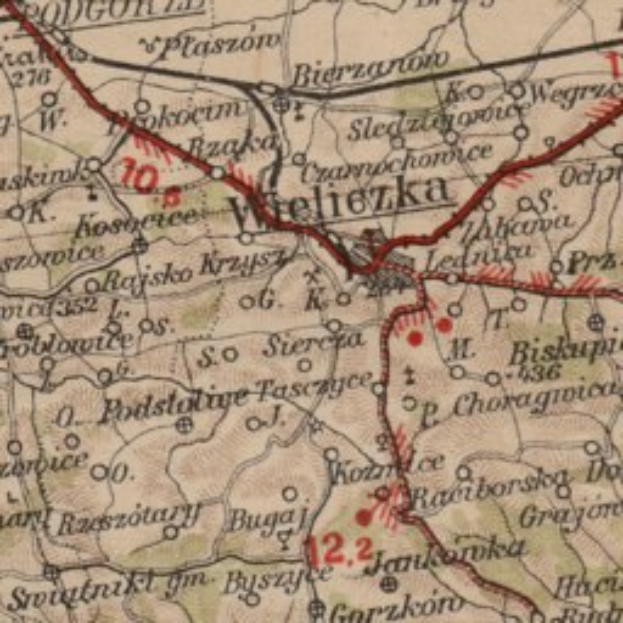 Ein altes Kartenblatt mit einer roten Linie, die eine Zugroute von Prag nach Prag anzeigt, gefüllt mit Text und Zahlen, die die Route detailliert beschreiben.