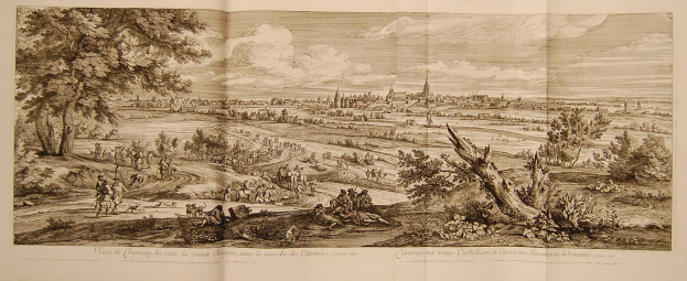 Offenes Buch mit der Aufschrift 'Ansicht der Schlacht von Castellum und Castellium aus der Illustrated London News', das eine Landschaftsillustration mit Menschen in der Vordergrund, Bäumen, Pflanzen, Gebäuden im Hintergrund und Wolken am Himmel zeigt.