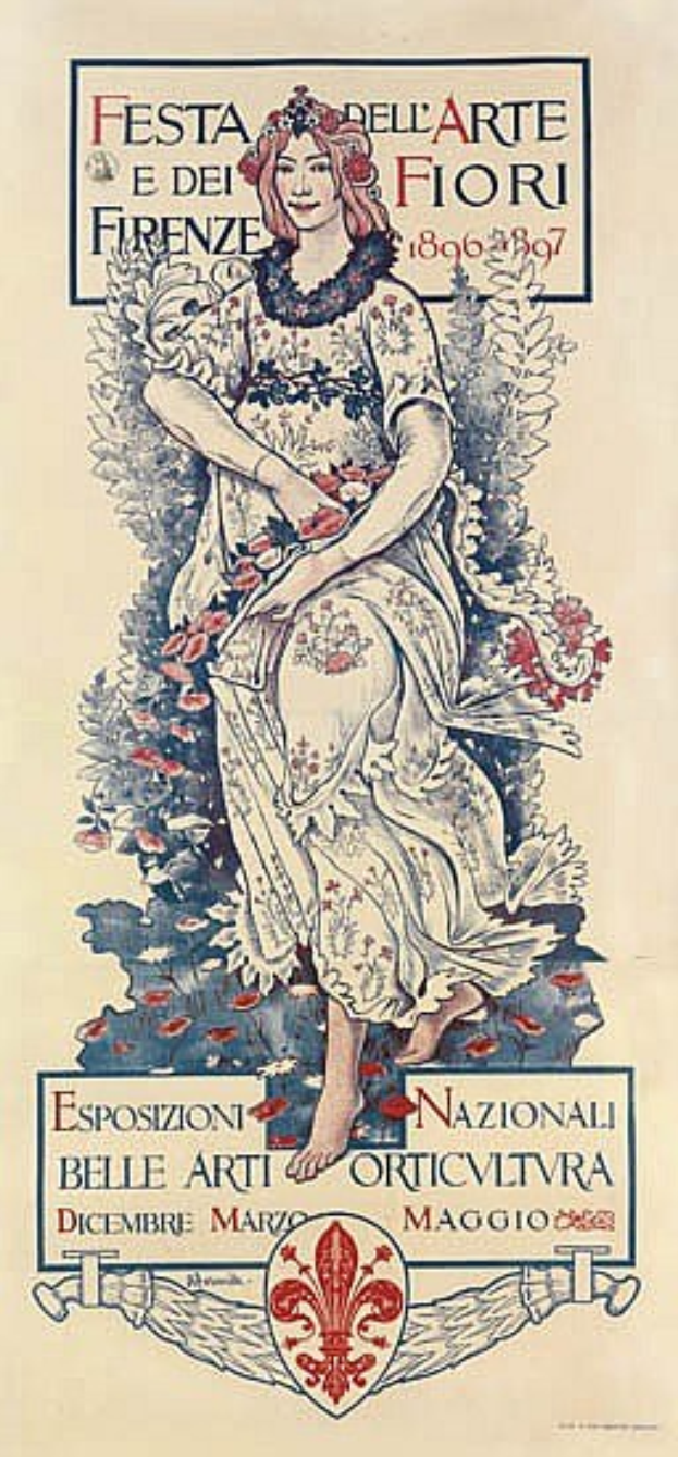 Plakat für ein italienisches Festival mit einer Frau in einem weißen, hochgeschlossenen, langärmeligen Kleid mit einem Dutt, vor einem hellblauen Hintergrund mit fetter schwarzer Schrift.