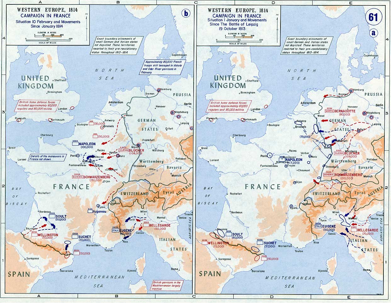 Ein historisches Poster mit einer Karte von Europa während der Schlacht von Leipzig, unterteilt in Abschnitte, die Regionen und wichtige Orte zeigen, mit Text zur Ausdehnung des Konflikts.