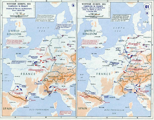Ein historisches Poster mit einer Karte von Europa während der Schlacht von Leipzig, unterteilt in Abschnitte, die Regionen und wichtige Orte zeigen, mit Text zur Ausdehnung des Konflikts.