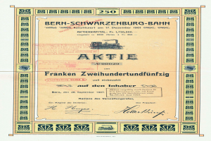 Ein altes Aktienzertifikat der deutschen Regierung der Bern-Schwarzenburg-Bahn, mit Text und einer Illustration eines Zuges.
