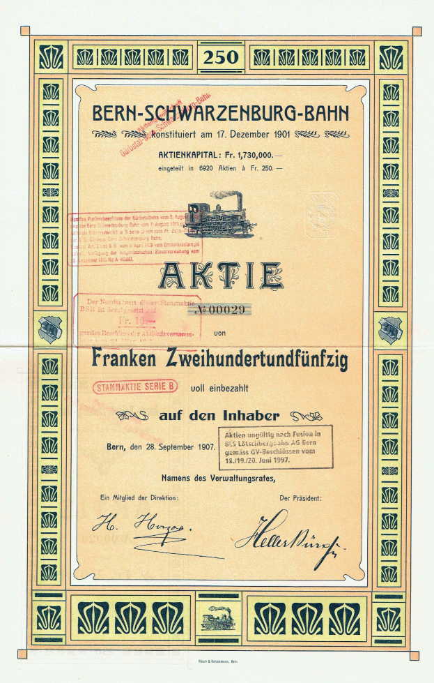 Ein altes Aktienzertifikat der deutschen Regierung der Bern-Schwarzenburg-Bahn, mit Text und einer Illustration eines Zuges.