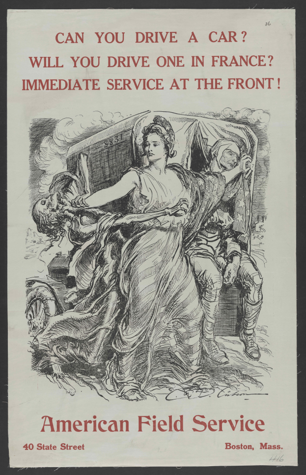 Ein Plakat mit schwarzem Hintergrund, das eine Frau und einen Mann zeigt, mit dem Text "Können Sie ein Auto fahren? Werden Sie eines in Frankreich fahren? Sofortdienst am Eingang."