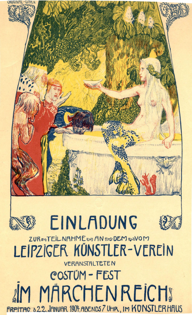 Plakat für ein Münchner Festival mit einem Bild einer Frau mit einem menschlichen Gesicht umgeben von Menschen und Bäumen, mit Text.