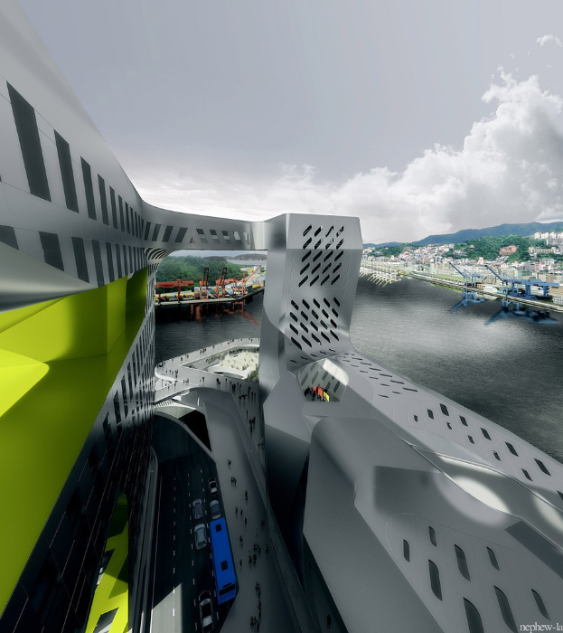 Ein Architekturgebäude mit einer Straße, die Fahrzeuge enthält, Gruppen von Menschen, einen fließenden Fluss und eine Brücke, vor einem Hintergrund aus Gebäuden, Bäumen und Wolken, mit einem Wasserzeichen in der unteren rechten Ecke.