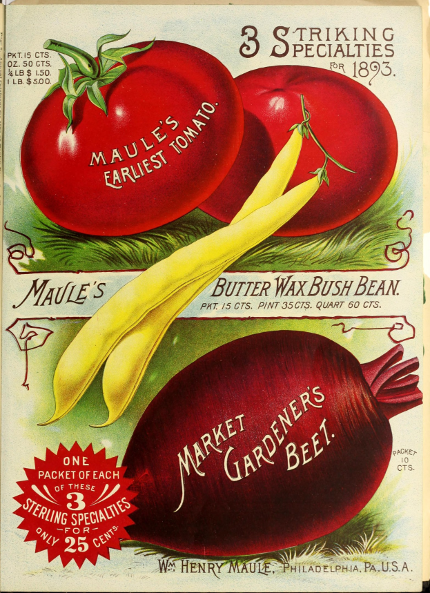 Ein Vintage-Plakat mit leuchtend bunten Gemüsen wie Tomaten und Rüben, die in einem Muster angeordnet sind, mit der Aufschrift "Marktgärtner's Beet" in fetter Schrift auf einem Hintergrund aus gedämpften Blau-, Grün- und Gelbtönen.