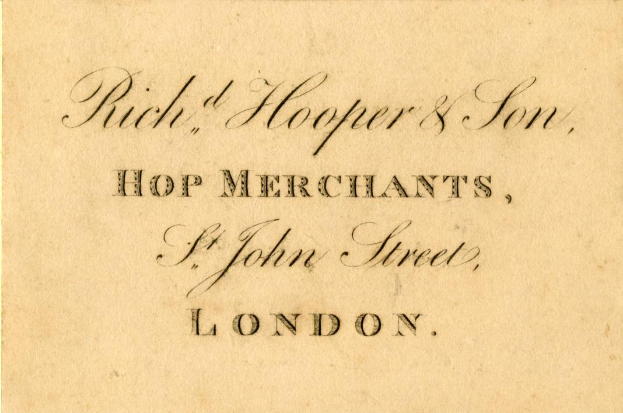 Schwarze und weiße Geschäftskarte für "Rich, Hooper & Son, Hop Merchants" in St John Street, London.