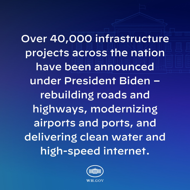 Ein blauer Hintergrund mit weißer Schrift, die besagt: "Über 40.000 Infrastrukturprojekte wurden bundesweit unter Präsident Biden angekündigt" und ein Logo unten.