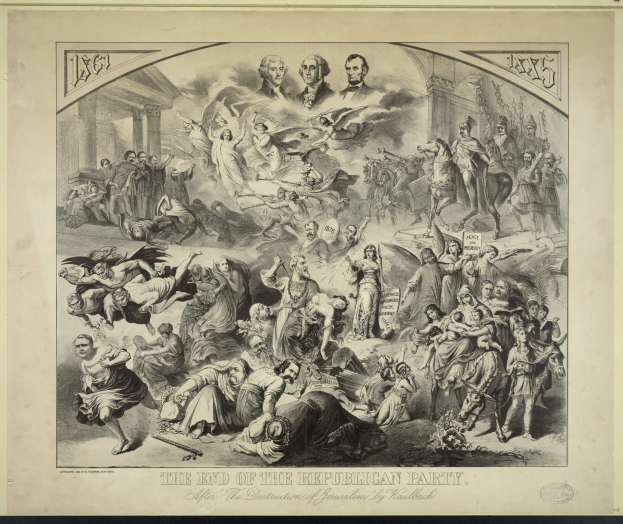 Ein Plakat zeigt eine Gruppe von Menschen vor einem Gebäude, mit fetter, schwarzer Schrift am unteren Rand, die das Ende der Republikanischen Partei verkündet.