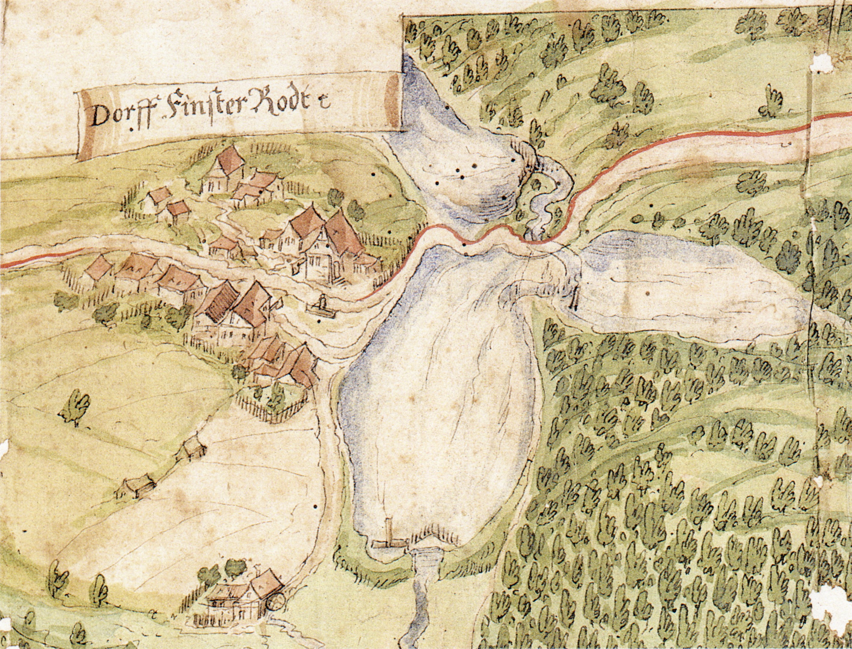 Alte Karte einer Kleinstadt mit einem Fluss, Häusern, Bäumen, Gras und Text auf Papier.