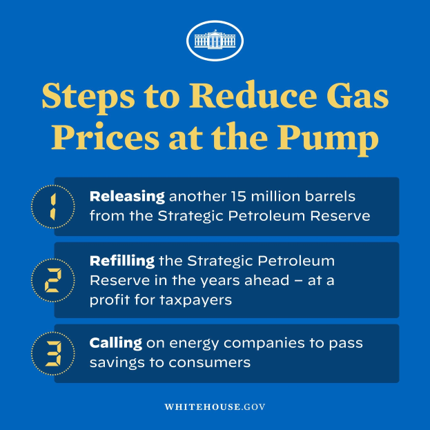 Plakat, das vier Schritte zur Verringerung der Benzinpreise am Zapfhahn ausführt, mit einem blauen und weißen Logo mit einer Zapfsäule, unterteilt in beschriftete Abschnitte mit fetter Schrift.