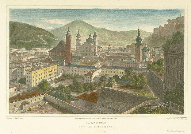 Ein altes Gravur von Salzburg, Österreich, von oben vom Monchberg aus betrachtet, das die Gebäude, Bäume und Hügel der Stadt zeigt, mit Text unten.