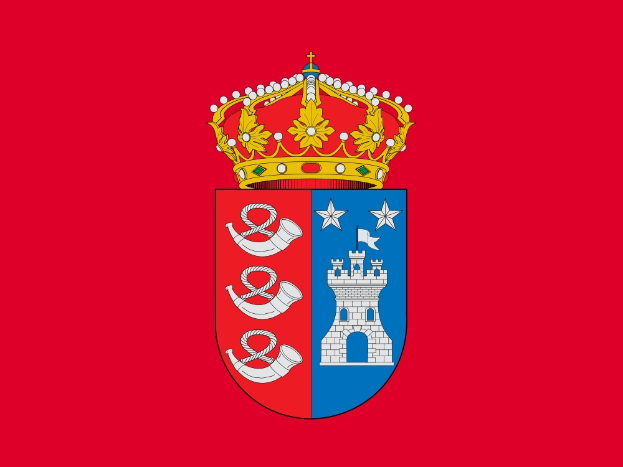 Die Flagge Spaniens zeigt einen roten Hintergrund mit einem Logo in der Mitte, das eine Krone oben und ein Schild mit einem blauen Hintergrund, einem weißen Kreuz und einem weißen Banner mit dem Wort 'Spanien' in blau enthält.