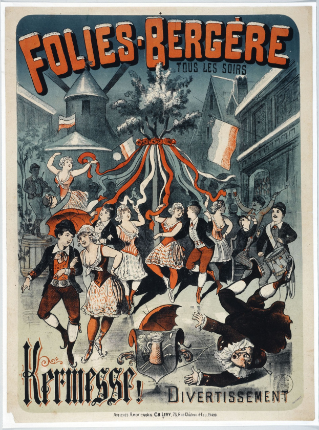 Plakat für das Folies Berg├Ęre-Festival in Paris, das Menschen beim Tanzen mit Geb├Ąuden, B├Ąumen und Fahnen im Hintergrund zeigt.