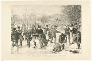 Eine Gruppe von Menschen, die auf einer Eisbahn in einem Park Schlittschuh laufen, mit Bäumen und einer Brücke im Hintergrund und Text unten, der "Het us-vermaak in het vondelpark op zondag 10 januari 1887" liest.
