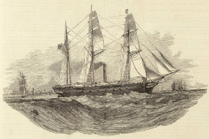 Eine Gravur eines Segelschiffs, das auf dem Meer segelt, mit aufgeblähten Segeln und einem glänzenden Rumpf, andere Schiffe im Hintergrund und Text unten.