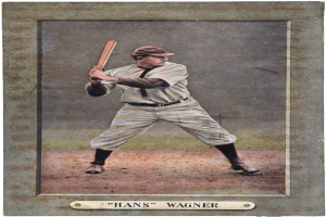 Ein Baseballkarte mit einem Mann in einer Mütze, der einen Schläger hält, und der Text 'Hans Wagner' unten.