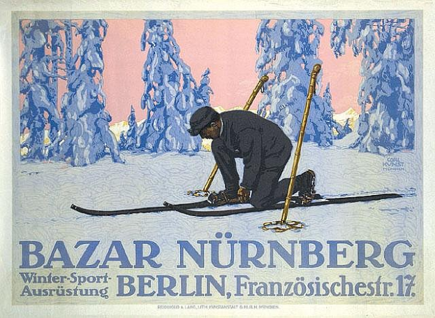 Ein Plakat für den Bazar Nürnberg Winter Sport in Berlin, Deutschland, mit einer Person auf Skiern, die Ski-Stöcke hölt und mit Text, der das Ereignis beschreibt.