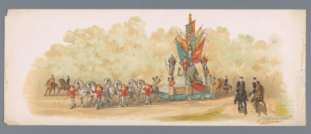 Ein Gemälde eines Karnevalsumzugs mit Menschen in bunten Kostümen auf Pferden vor einem geschmückten Festwagen, mit Bäumen und einem klaren blauen Himmel im Hintergrund.