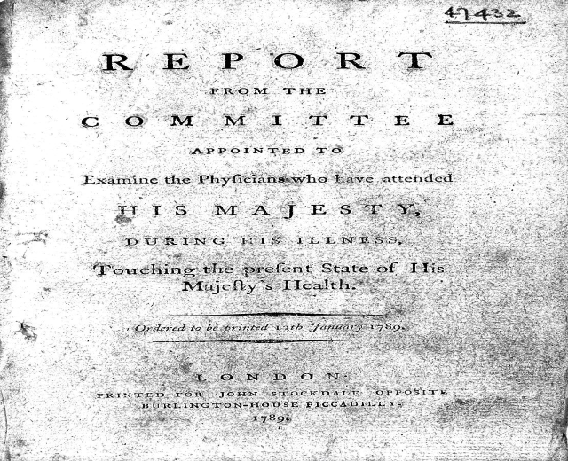 Altes Buch mit der Aufschrift "Bericht der Kommission, die die Ärzte untersucht hat, die Seiner Majestät während seiner Krankheit beigestanden haben, betreffend den vorläufigen Gesundheitszustand Seiner Majestät" auf dem Cover.