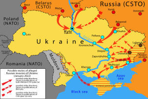 Eine detaillierte Karte der Ukraine und Russland mit potenziellen Routen der russischen Invasion, mit Textangaben zu beteiligten Ländern und Invasionsterminen.
