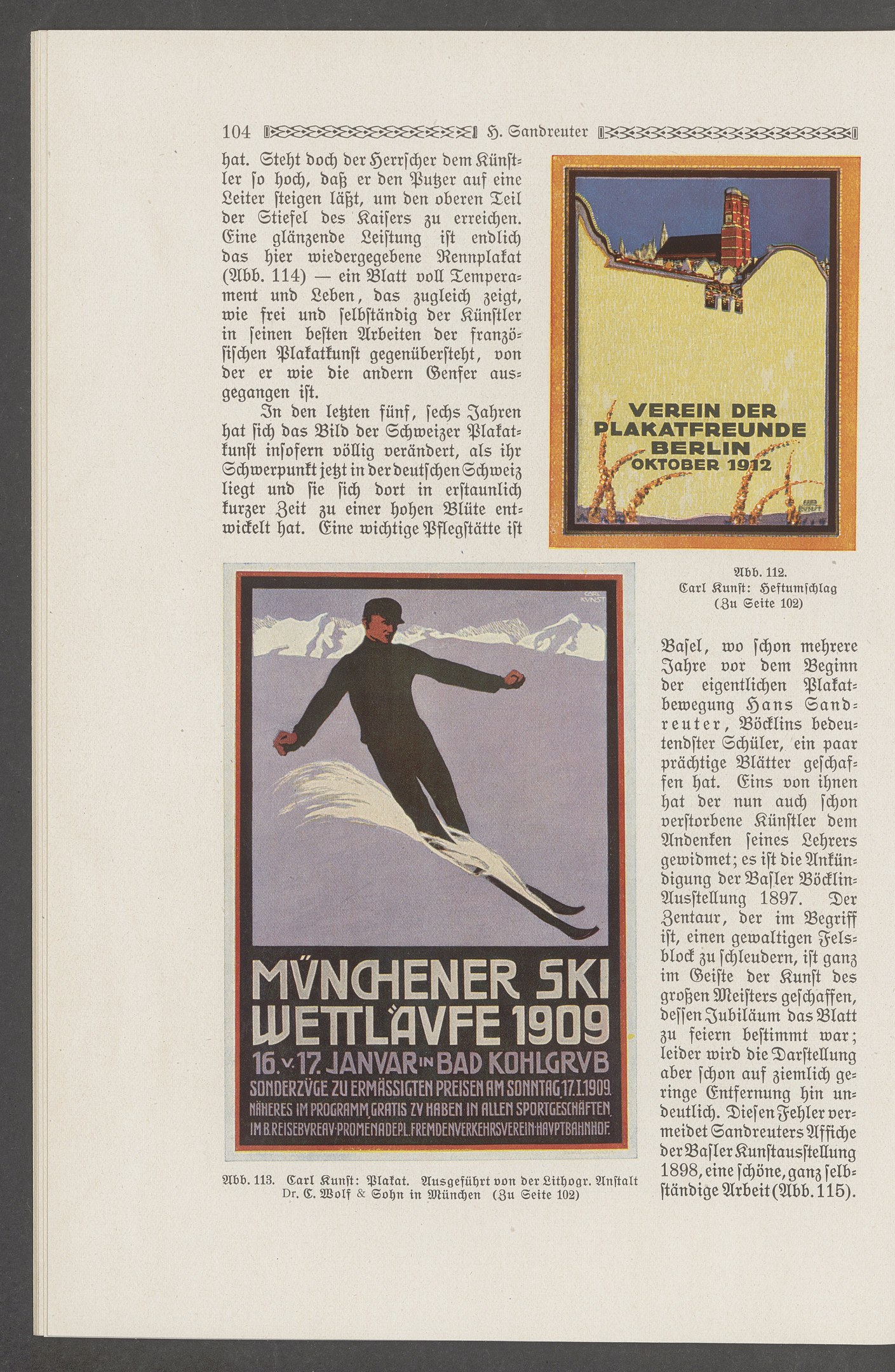 Werbeplakat für die "Münchner Ski-Wettläufe 1909" mit einem Skifahrer in einem Neoprenanzug und Helm, der eine schneebedeckte Abfahrt unter einem klaren blauen Himmel hinuntersaust.