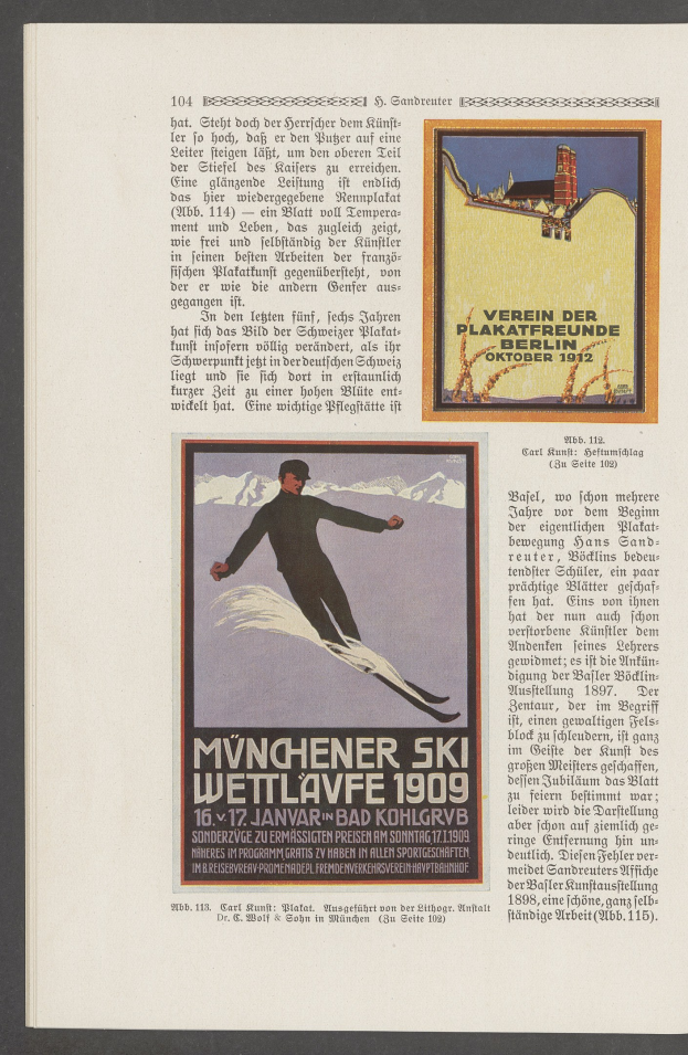 Werbeplakat für die "Münchner Ski-Wettläufe 1909" mit einem Skifahrer in einem Neoprenanzug und Helm, der eine schneebedeckte Abfahrt unter einem klaren blauen Himmel hinuntersaust.