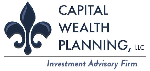 Logo der Capital Wealth Planning, LLC, einer Anlageberatungsfirma: ein blauer Kreis mit einer weißen Umrandung und einem weißen "C" in der Mitte, umgeben von einem weißen Ring mit "Capital Wealth Planning" in blau und "Anlageberatungsfirma" in weiß darunter.