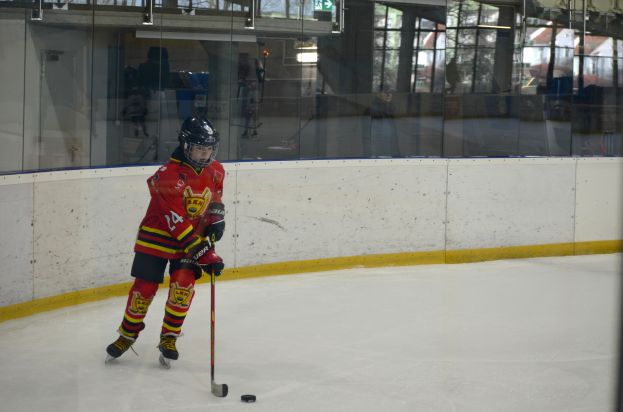 Ein junger Junge mit Helm spielt Hockey auf einem Eisstadion, hält einen Hockeystock und hat Menschen, Bäume, Gebäude und den Himmel durch die umgebende Glaswand im Hintergrund.