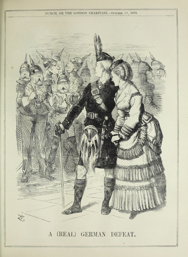 Ein Mann und eine Frau stehen auf einem Papier mit Wörtern und Zahlen, möglicherweise ein Zeichen für eine deutsche Niederlage, während der Mann einen Stock hält.