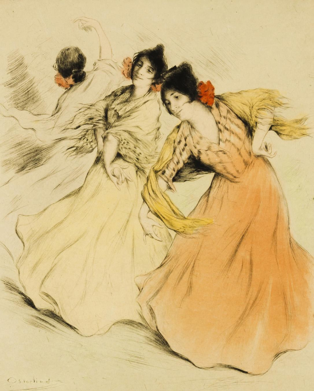 Zeichnung von drei Frauen in wallenden Kleidern, die in synchroner Bewegung tanzen, geschaffen von Pierre-Auguste Renoir mit leuchtenden Farben und detaillierten Kleidungs- und Gesichtsmerkmalen.