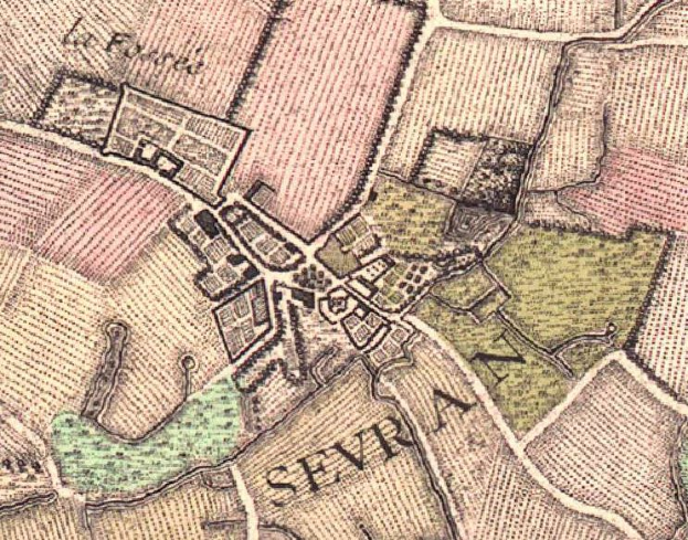 Ein detaillierter alter Stadtplan von Sevilla, Spanien, der Straßen, Gebäude und andere Merkmale zeigt, mit Text, der den Standort der Stadt angibt.