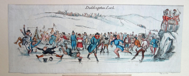 Schwarze und weiße Zeichnung von Menschen, die Eis hockey auf einer verschneiten Fläche spielen, mit "Duddington Loch" oben und unten, einige Schlittschuhlaufen, andere stehen herum, Schnee glitzert unter einem tiefblauen Himmel.