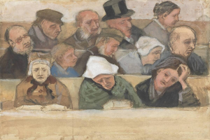 Ein Bild mit dem Titel "Die Jury" aus dem Jahr 1887 zeigt eine Gruppe von Menschen in einem Halbkreis in einem Gerichtssaal, mit Büchern auf einem hellen Holztisch davor, vor einem Hintergrund aus gedeckten Blautönen und Grautönen.