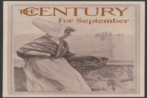 Eine Frau in einem weißen Kleid und einer blauen Stola, die einen Korb hält, steht mit entschlossener Miene vor einem tiefblauen sternenklaren Nachthimmel, mit den Worten "Das Jahrhundert für September" darüber geschrieben.