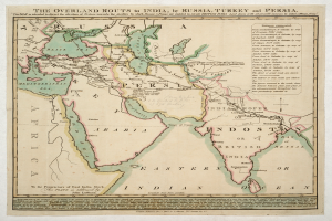 Ein detaillierter Papierplan, der Überlandrouten nach Indien, Russland, Türkei und Persien zeigt, mit Ländern, Grenzen, wichtigen Städten, Gewässern und textuellen Routeninformationen.
