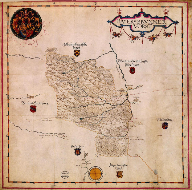 Eine Karte von Bayern aus dem 15. Jahrhundert, die Flusse, Gebirge, St├Ądte und begleitenden Text und Logos zeigt.