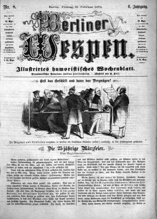Alte deutsche Zeitung "Berliner Wespen" vom 21. Februar 1873 mit einer Gruppe von Menschen in traditioneller deutscher Kleidung, die sich unterhalten, mit deutscher Text, der wahrscheinlich das Ereignis beschreibt.