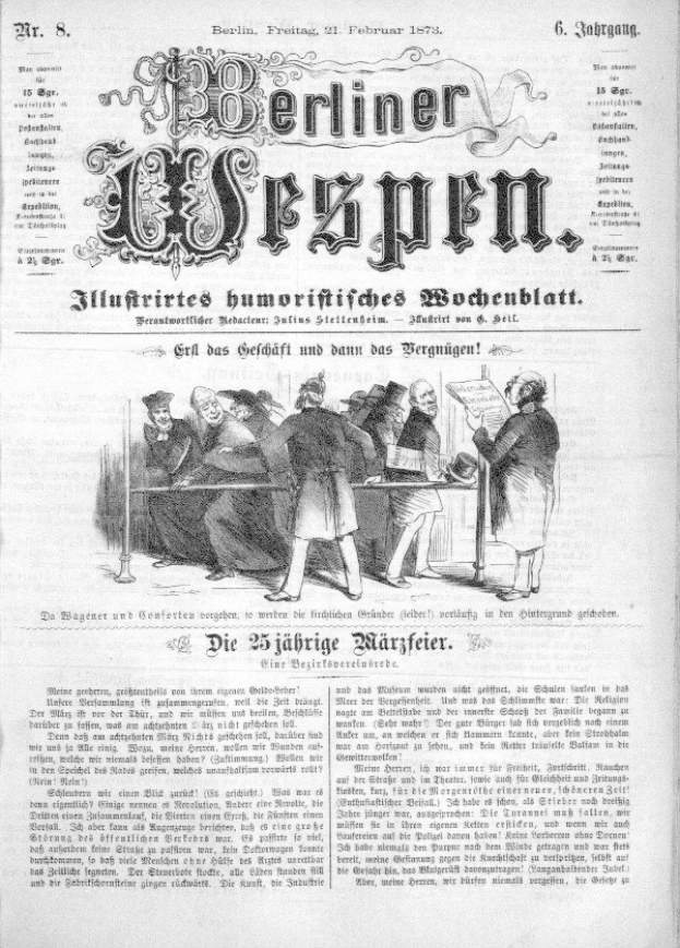 Alte deutsche Zeitung "Berliner Wespen" vom 21. Februar 1873 mit einer Gruppe von Menschen in traditioneller deutscher Kleidung, die sich unterhalten, mit deutscher Text, der wahrscheinlich das Ereignis beschreibt.