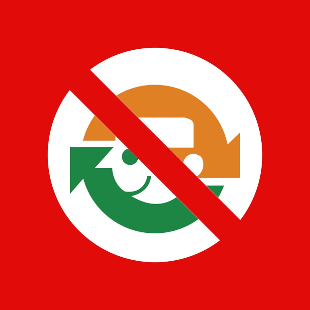 Ein rotes und weißes Schild mit einem nach rechts zeigenden Pfeil und dem Text "Keine Recycling" in fetten schwarzen Buchstaben.