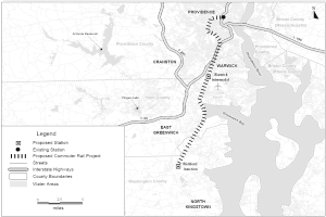 Eine schwarz-weiße Karte einer Stadt mit einem Fluss, beschriftet mit "Vorgeschlagenes S-Bahn-Projekt" auf der linken Seite, die Straßen, Autobahnen und andere Stadtmerkmale detailliert.