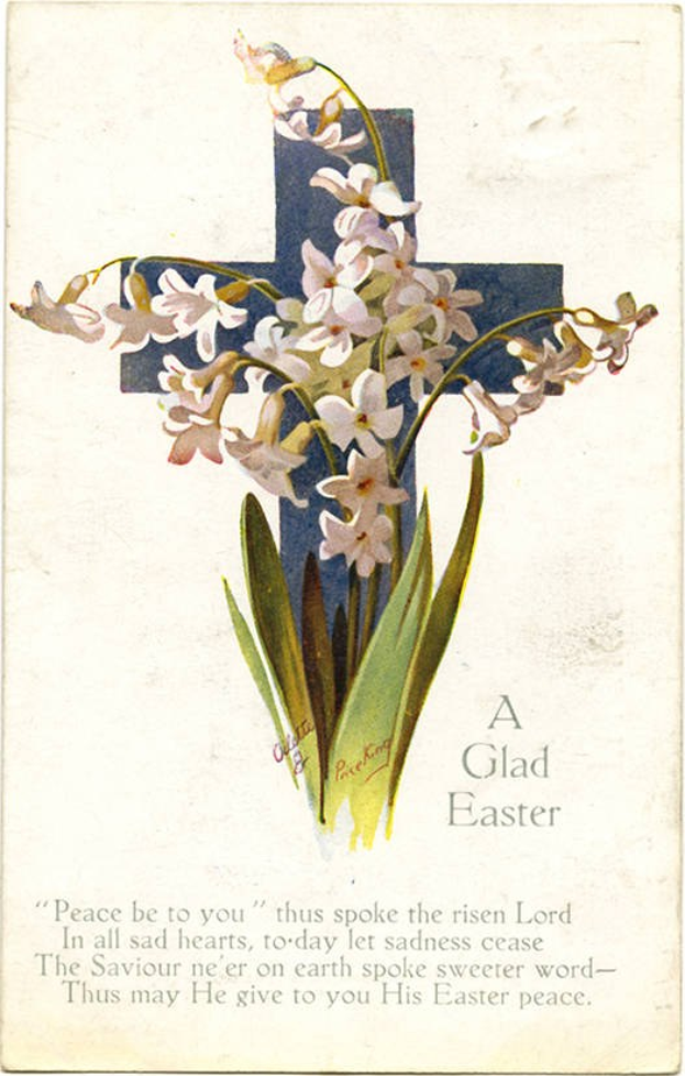 Eine alte Postkarte mit einem mit bunten Blumen und grünen Blättern geschmückten Kreuz, auf dem der Text "Ein fröhliches Ostern" zu sehen ist.