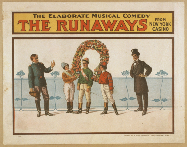 Plakat für "Elaborate Musical Comedy Runaways" aus dem New Yorker Casino, das eine Gruppe von Menschen in einer Reihe zeigt, wobei einer einen Blumenstrauß hält und Text beschreibt die Komödie.